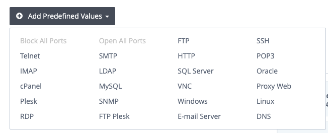 Screenshot showing predefined values in Fasthosts Edition 2 VPS firewall