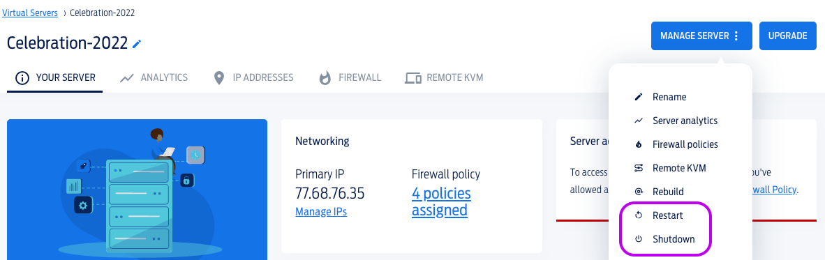 Screenshot showing power options for your VPS