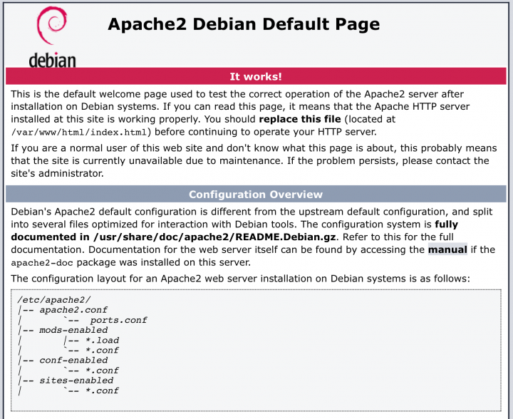 Screenshot of the default Apache on Debian page