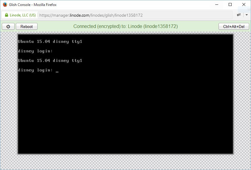 Screenshot of Linode's graphical console known as Glish
