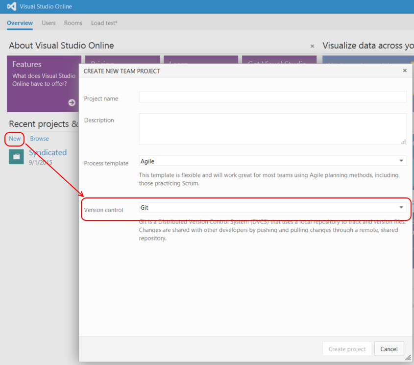 Screenshot showing creating a new Git project in Visual Studio Online