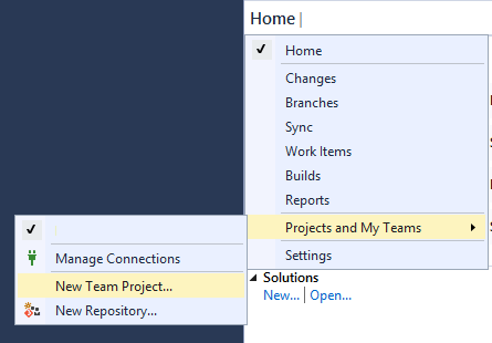 Screenshot of Visual Studio showing the New Team Project menu