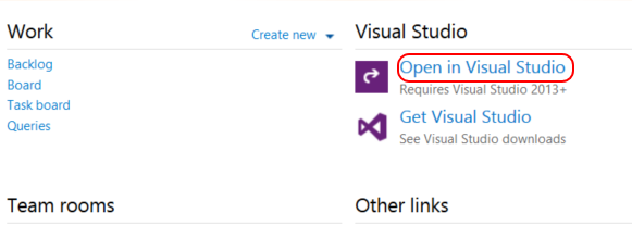 Screenshot showing the Open in Visual Studio link