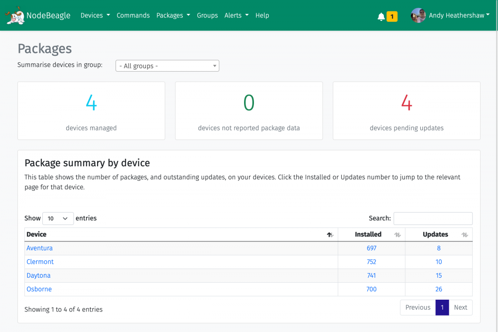 Screenshot of the package overview screen in NodeBeagle