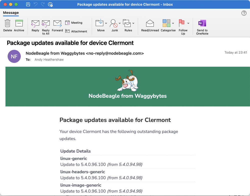 Screenshot showing an email alert from NodeBeagle