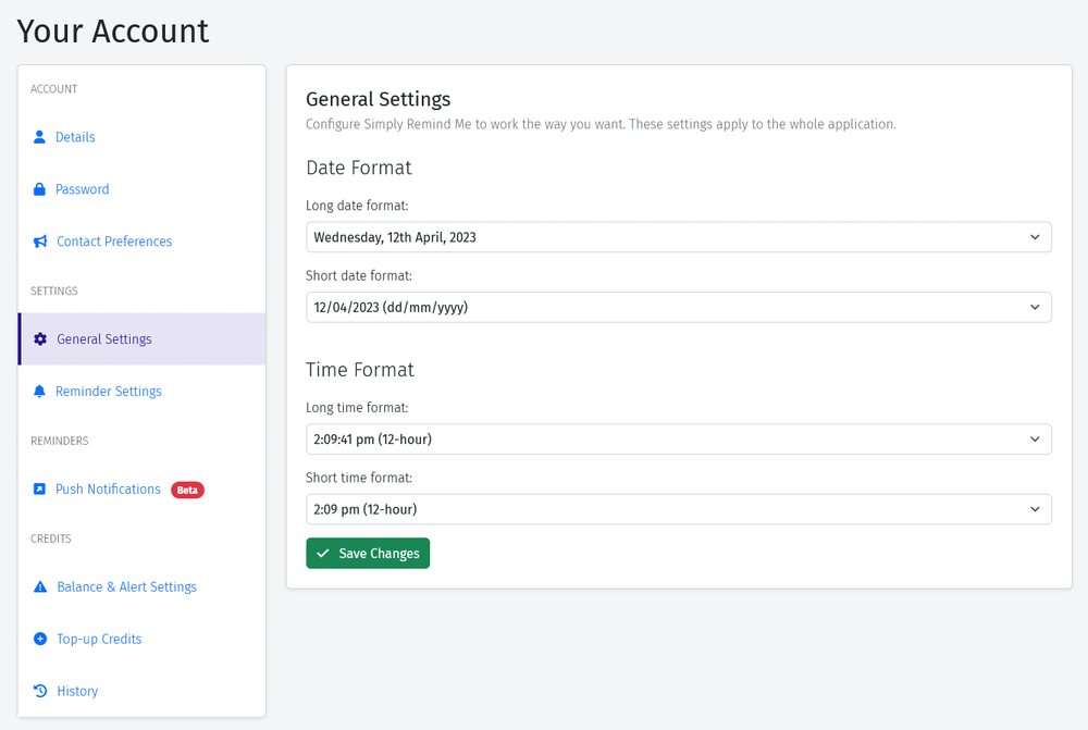 Screenshot showing the date format configuration options in Simply Remind Me