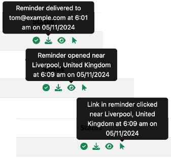 Screenshot showing whether a text or email reminder was delivered by Simply Remind Me Pro