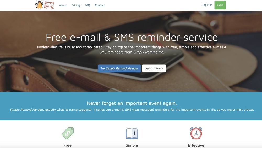 Screenshot of the Simply Remind Me reminder app homepage