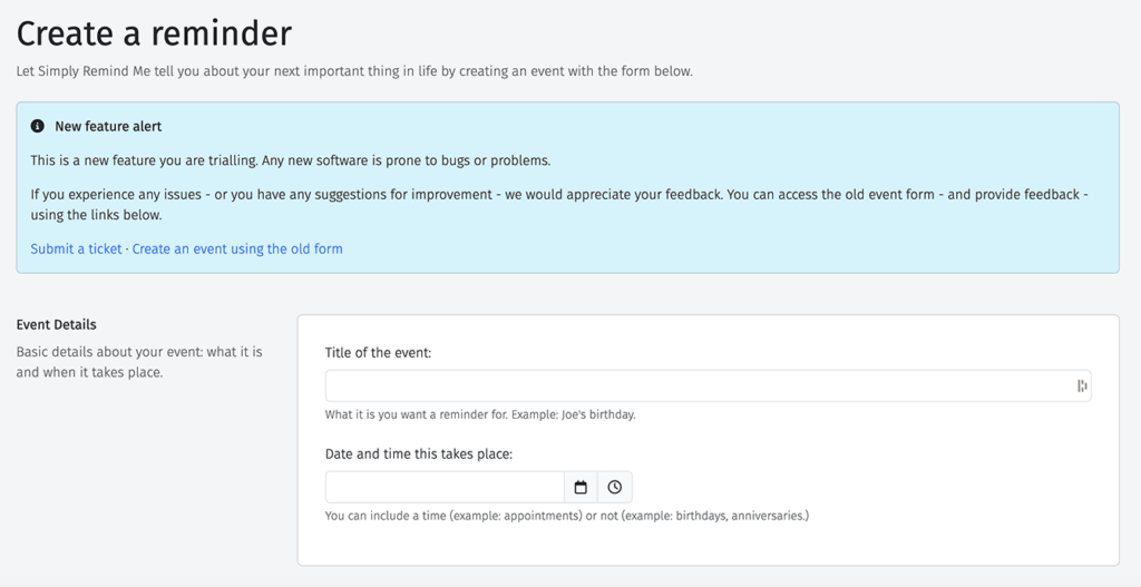 Screenshot showing the feedback section of the new event experience in Simply Remind Me