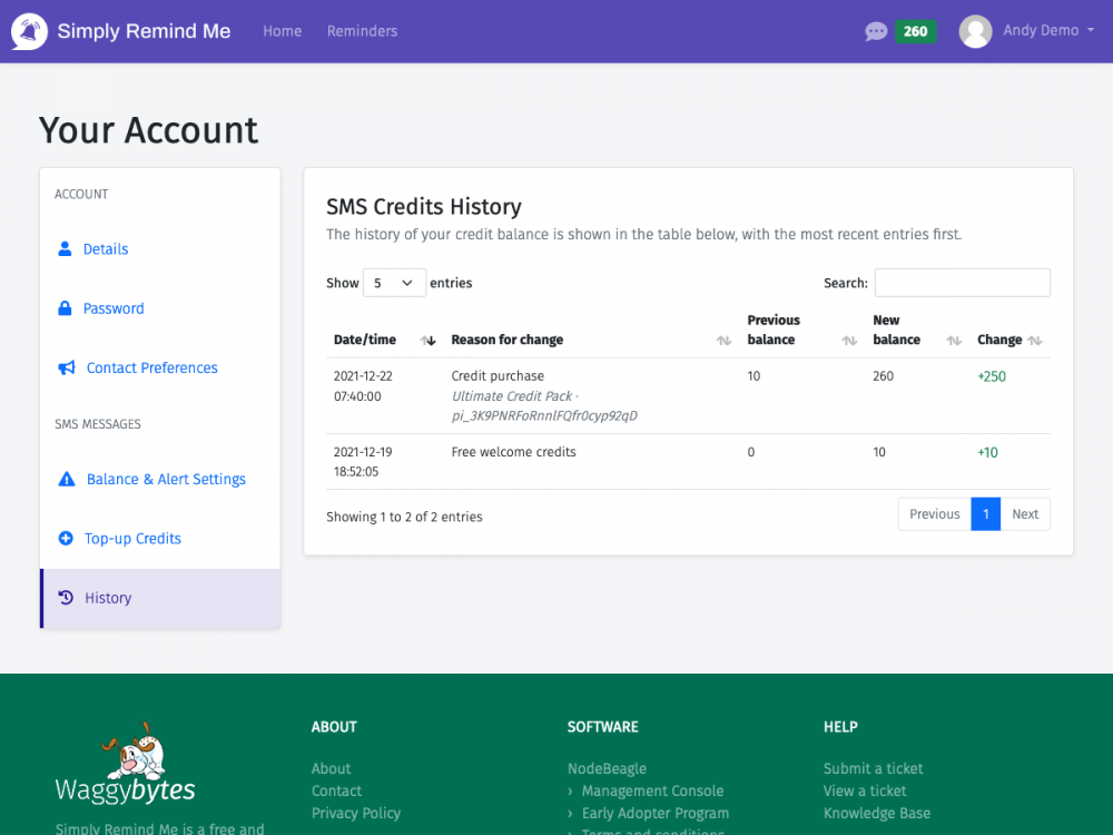 Screenshot showing the new SMS credit history screen in Simply Remind Me