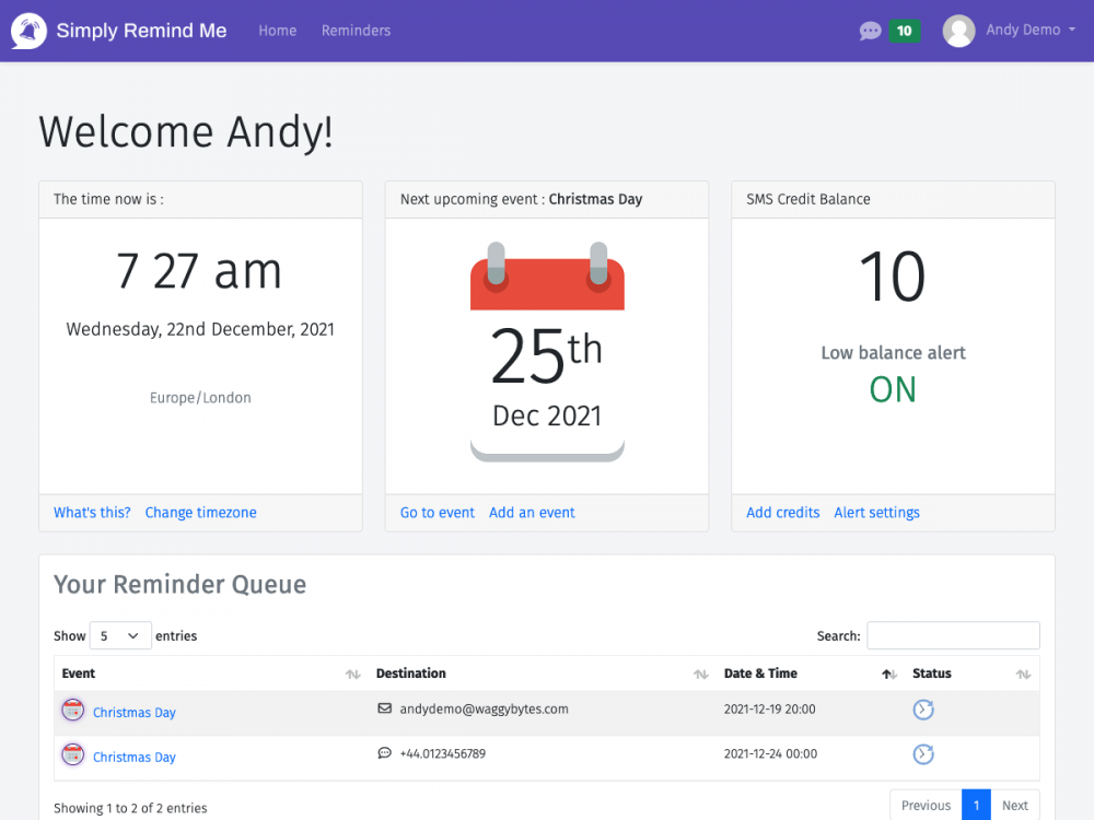 Screenshot of the new look Simply Remind Me dashboard