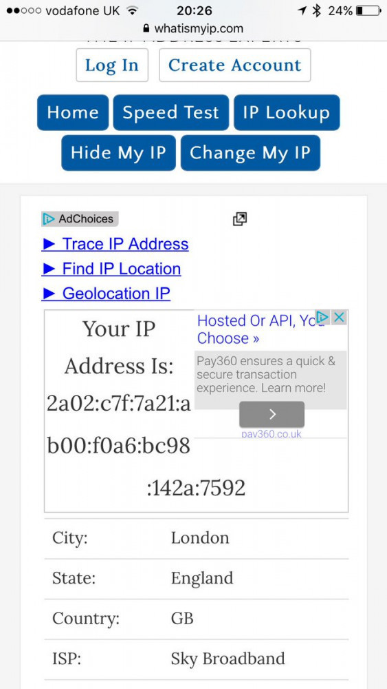 Screenshot of the WhatIsMyIP.com website showing an IPv6 address issued by Sky Broadband