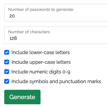 Screenshot showing the filters of generating a secure password in Solid Tools for Developers