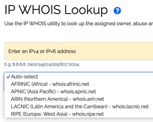 Screenshot showing the WHOIS server filter in Solid Tools for Developers