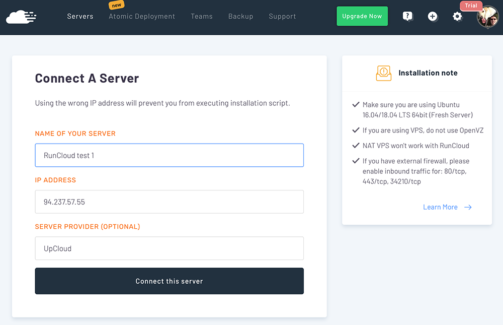 Screenshot of RunCloud's control panel showing to connect a new server