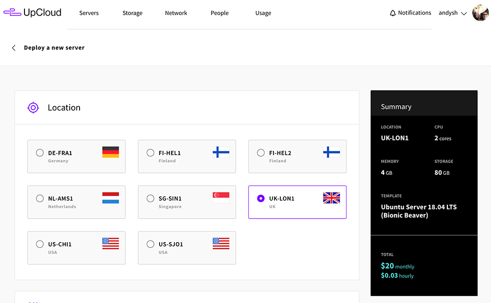 Screenshot of UpCloud's control panel deploying a new server in London