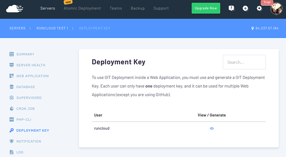 Screenshot showing adding a deployment key to RunCloud