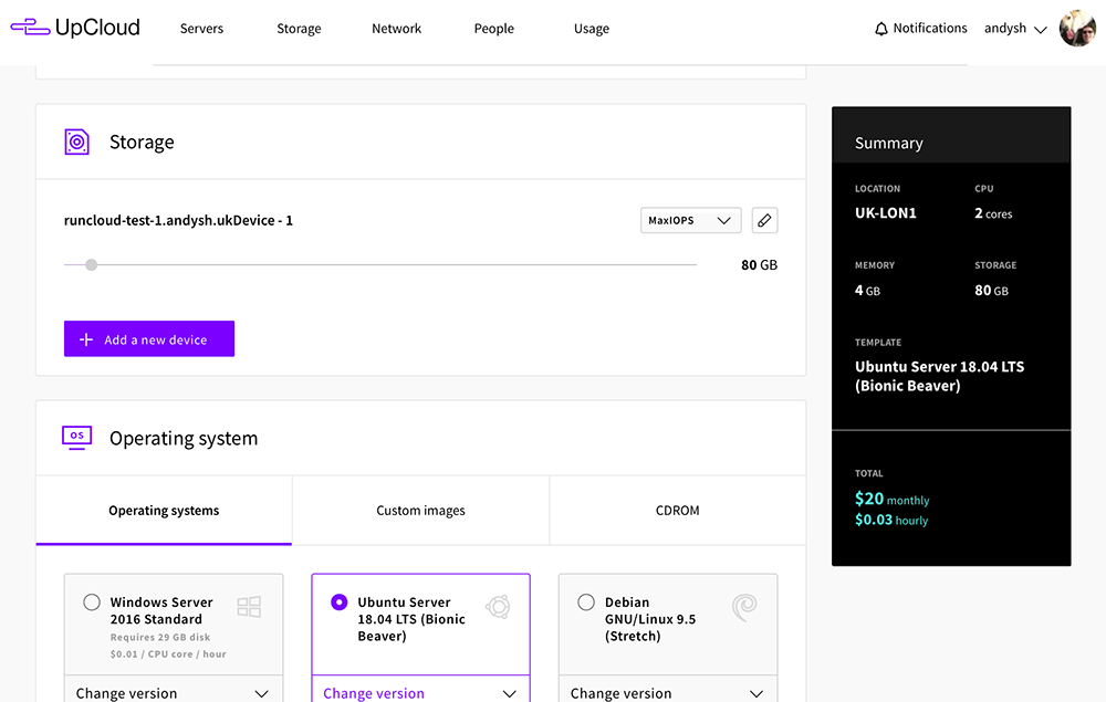 Screenshot of UpCloud's control panel creating a new server