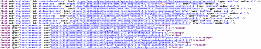 Screenshot of the source code of my website showing Memstore URLs