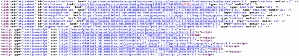 Screenshot of the source code of my website showing Memstore URLs